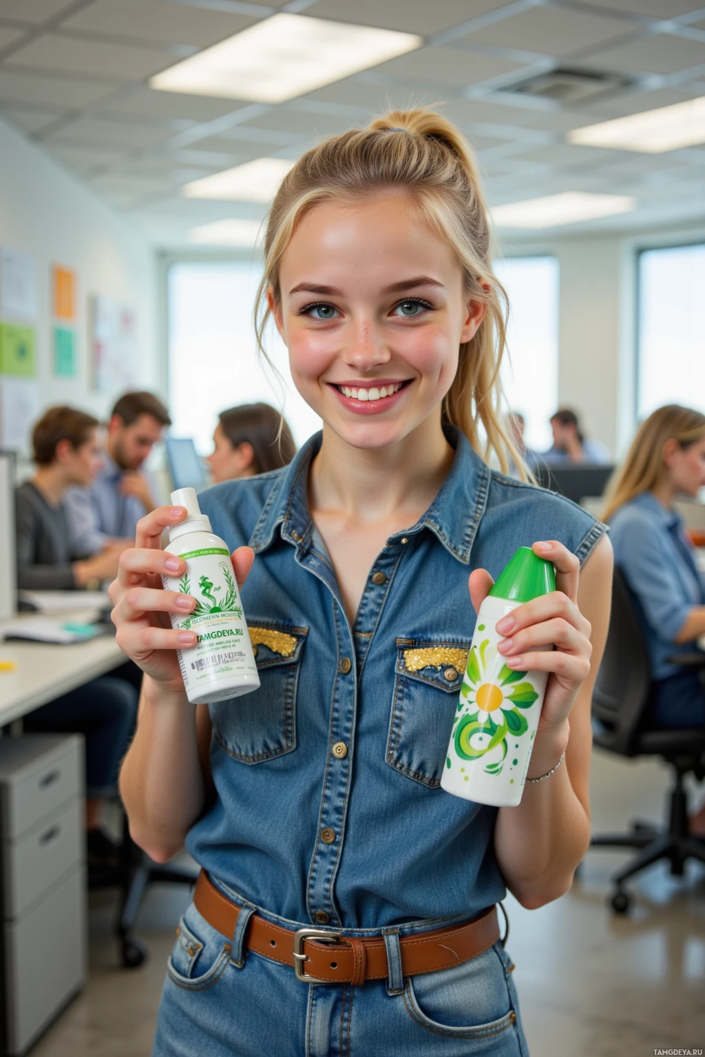 A person in a denim shirt holds two bottles in an office setting.