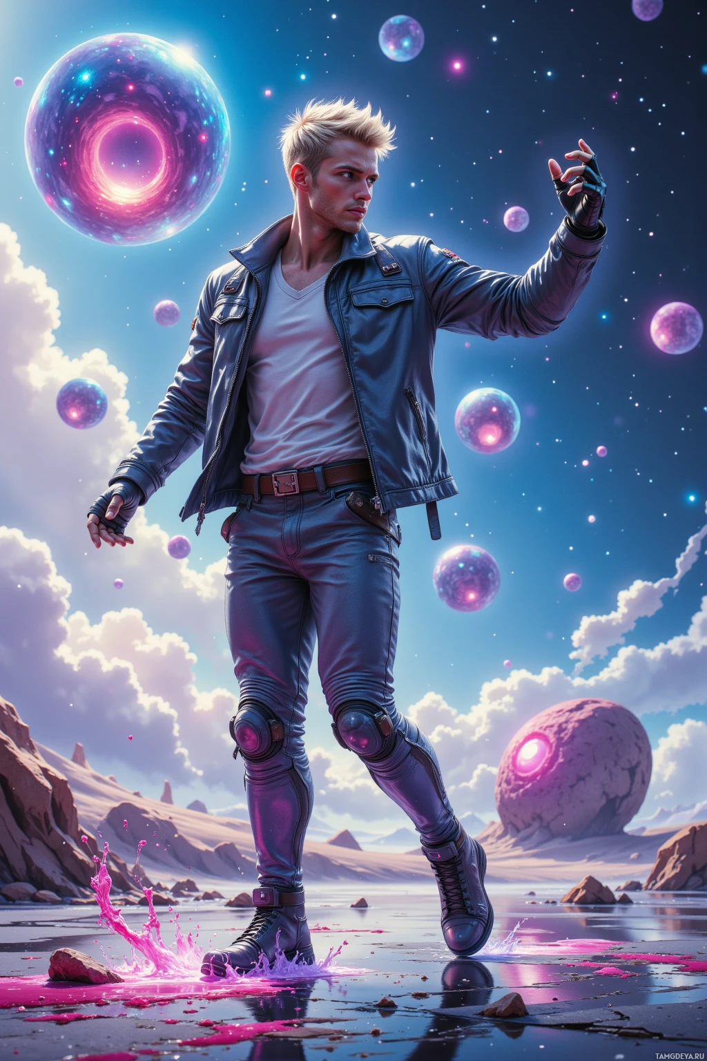 A futuristic character in a leather jacket stands on a rocky, alien landscape with glowing spheres and a cosmic sky.