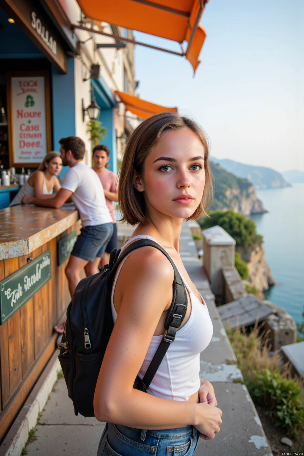 A young woman with a backpack stands near a seaside café, gazing toward the camera.