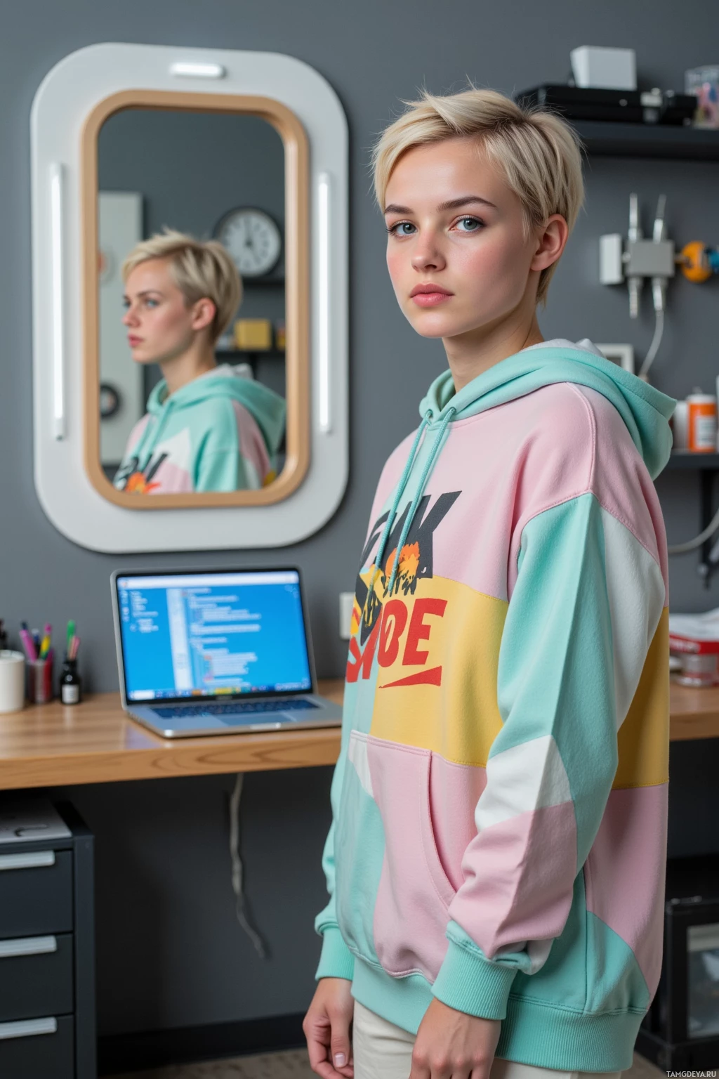 A person stands in a room wearing a colorful hoodie, with a mirror and desk in the background.