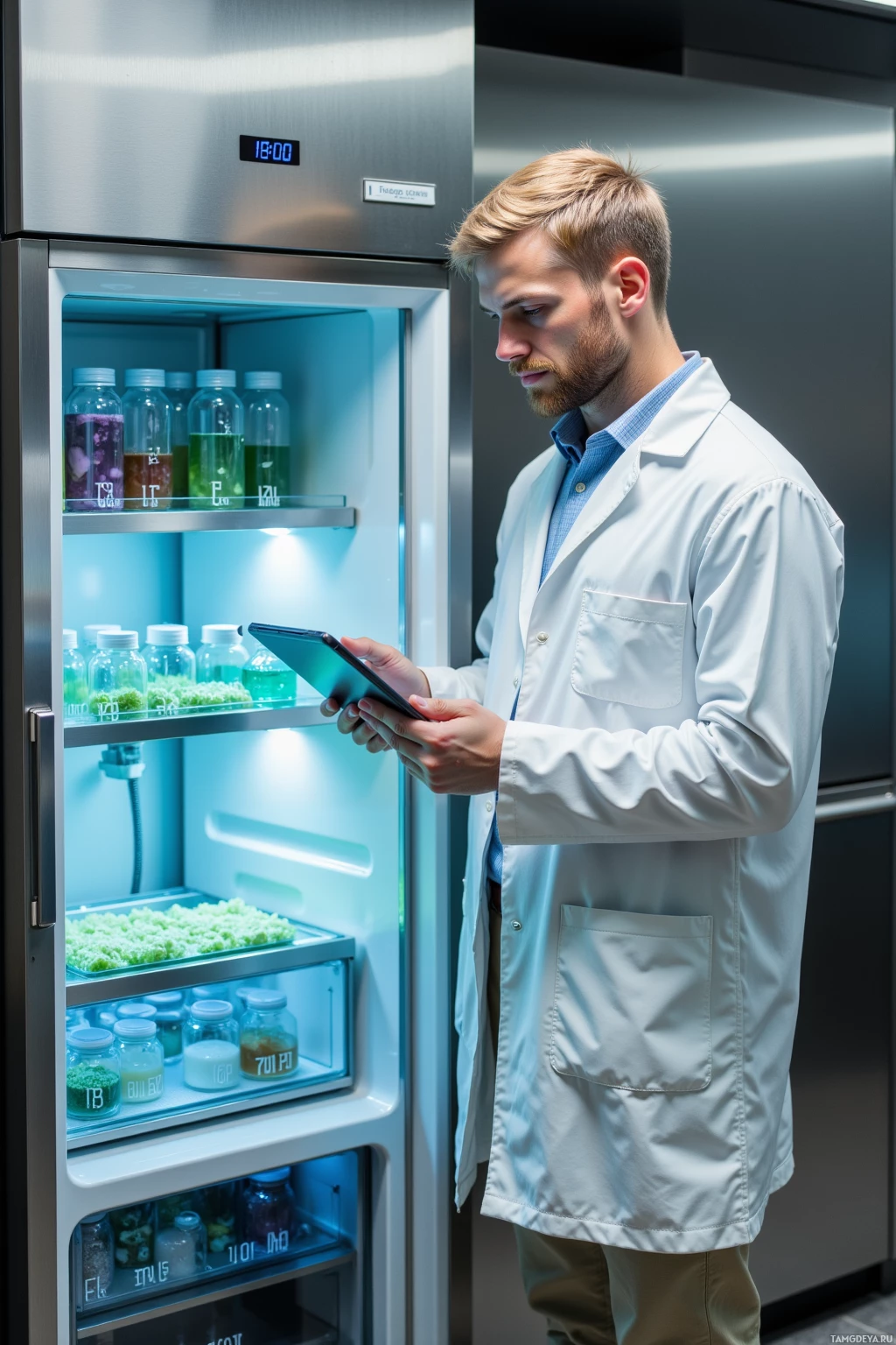 A person in a lab coat uses a tablet in front of a refrigerator containing labeled jars.