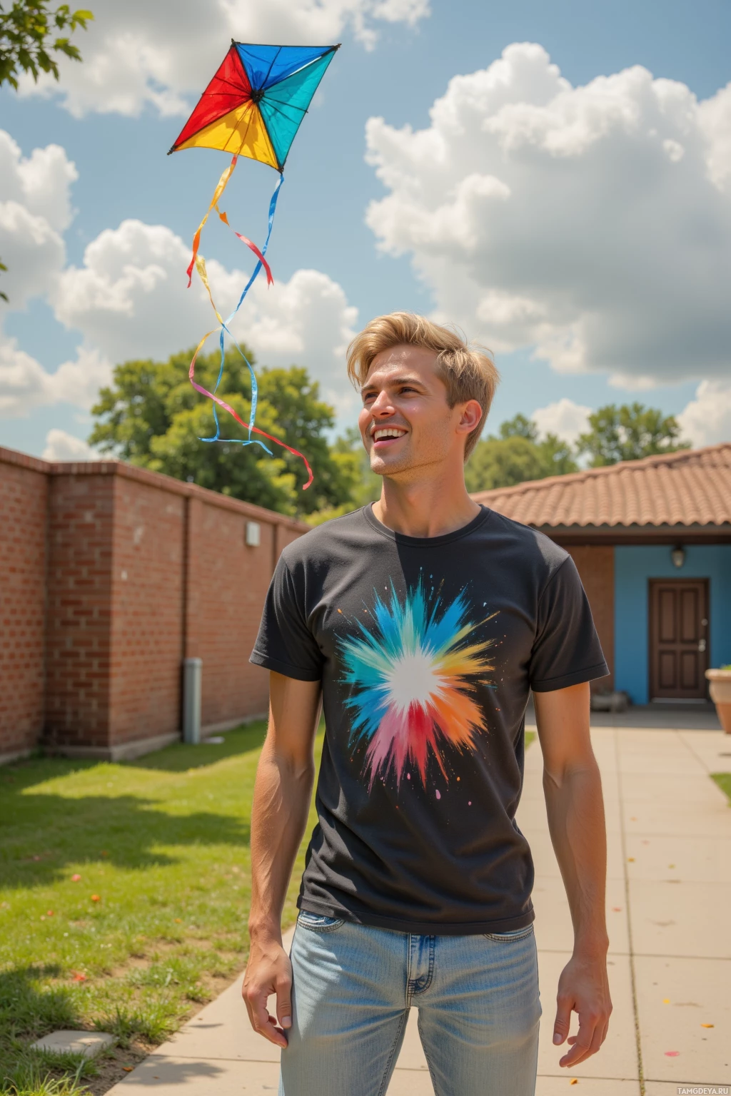 A person wearing a colorful tie-dye shirt stands outdoors with a kite flying in the sky.