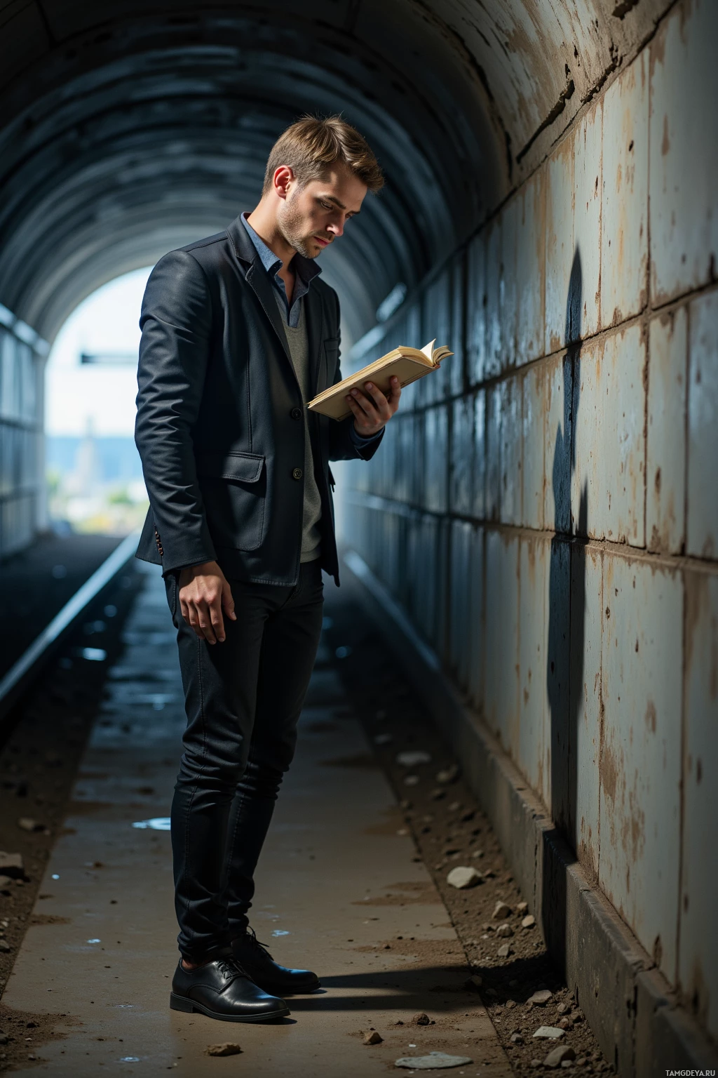 A man in a suit reads a book in a dimly lit tunnel.