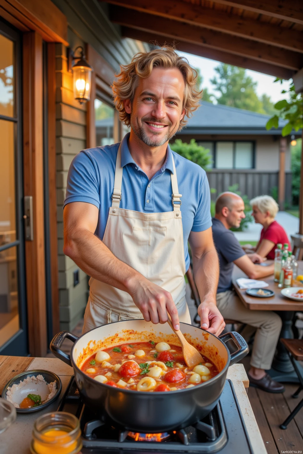 A man in an apron stirs a pot of soup on an outdoor stove.