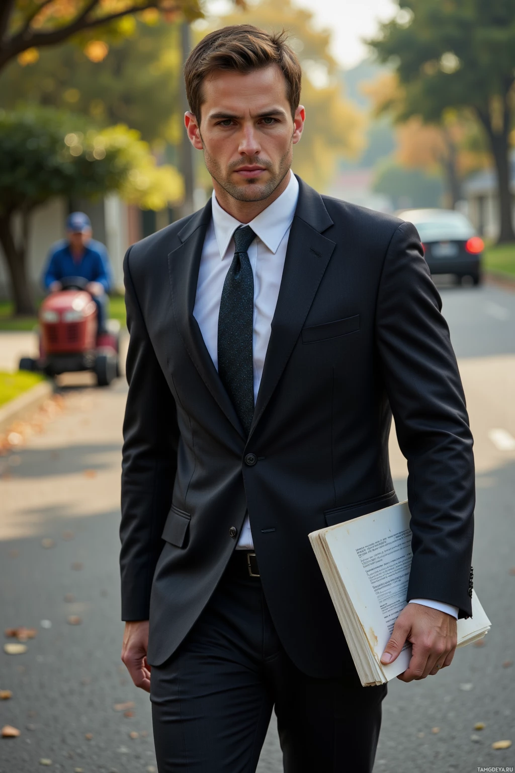 A man in a black suit and tie holds a book while walking down a street.