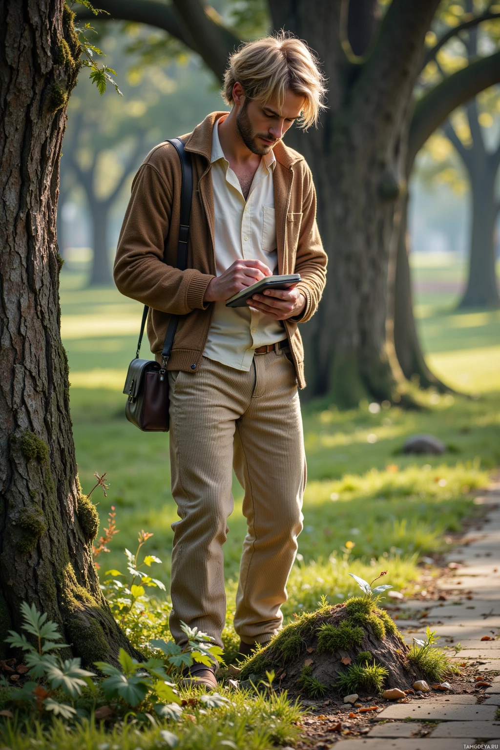A man in a brown jacket and khaki pants stands in a park, looking at a tablet.