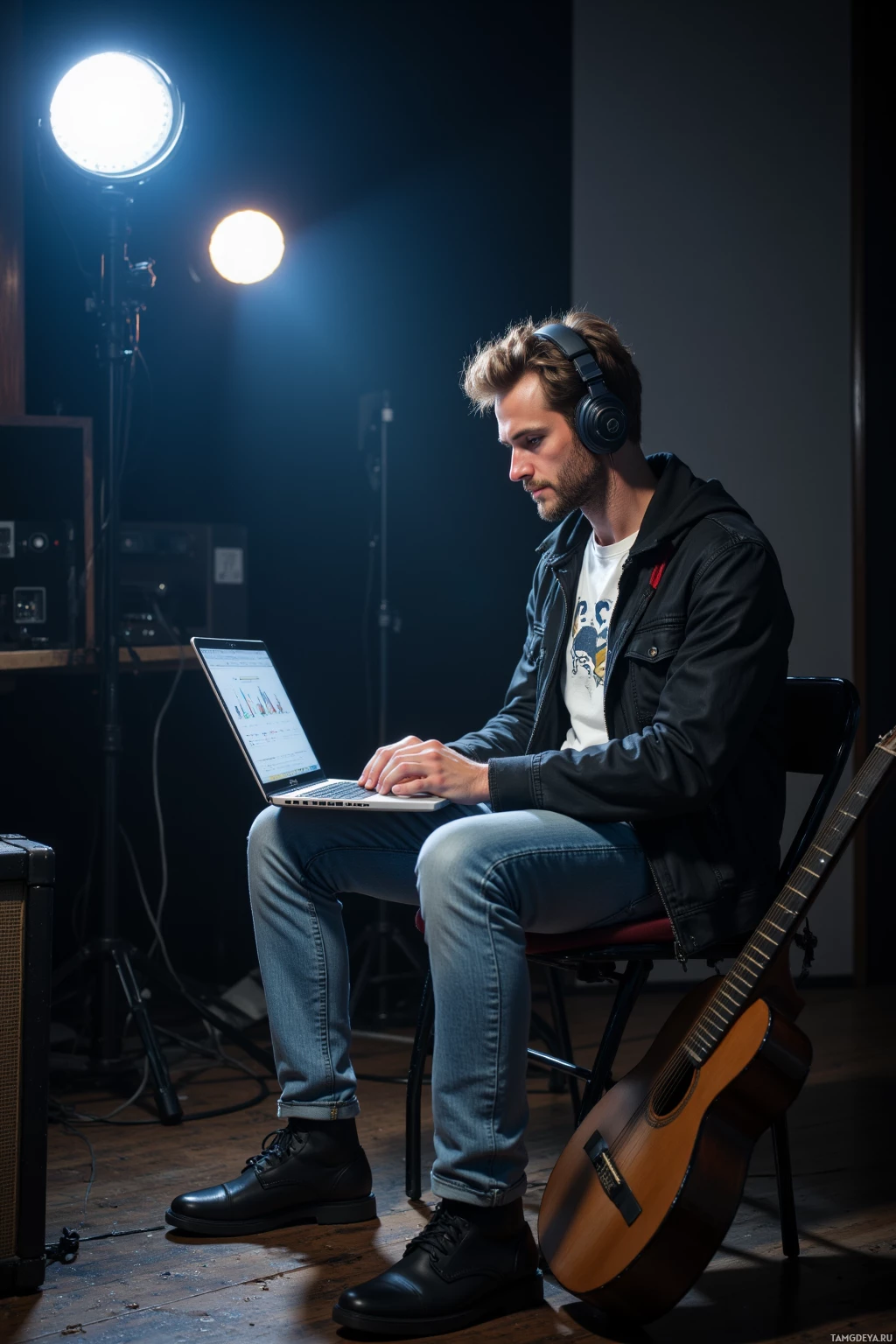 A person wearing headphones sits in a dimly lit room, using a laptop with a guitar leaning against the chair.