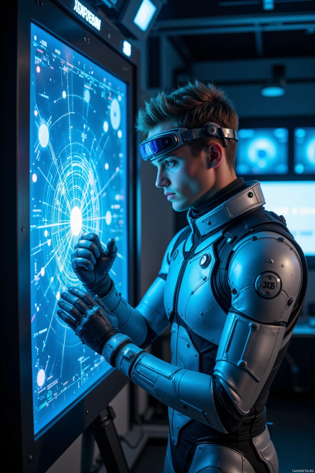 A person in futuristic armor stands in front of a large screen displaying a complex interface.