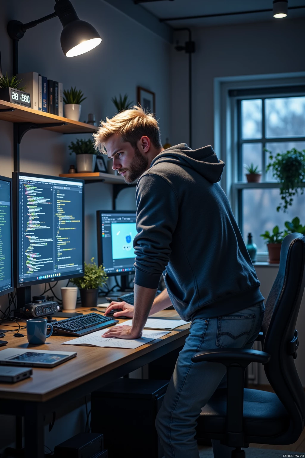 A person is working at a desk with multiple monitors, surrounded by books and plants.