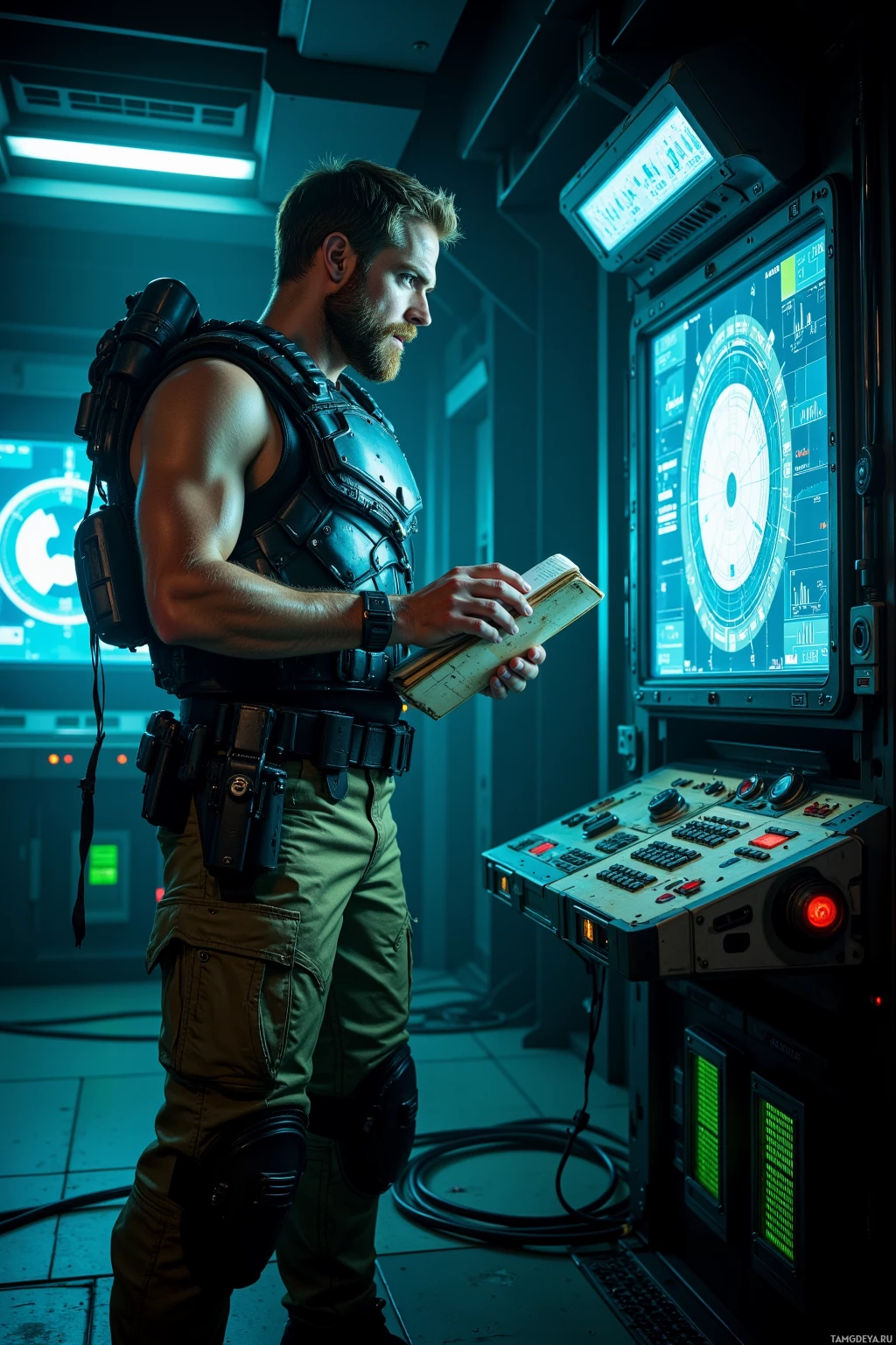 A man in tactical gear stands in a futuristic control room, holding a book and looking at a large screen.