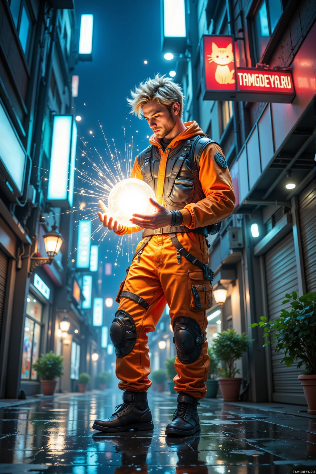 A person in an orange outfit stands in a neon-lit alleyway, holding a glowing orb.