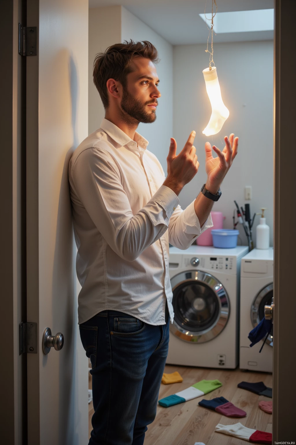 A man stands in a laundry room, holding a lighted sock.