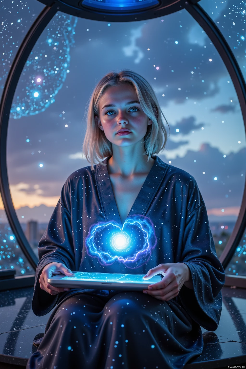 A person sits inside a circular structure, holding a glowing tablet with a cosmic background.