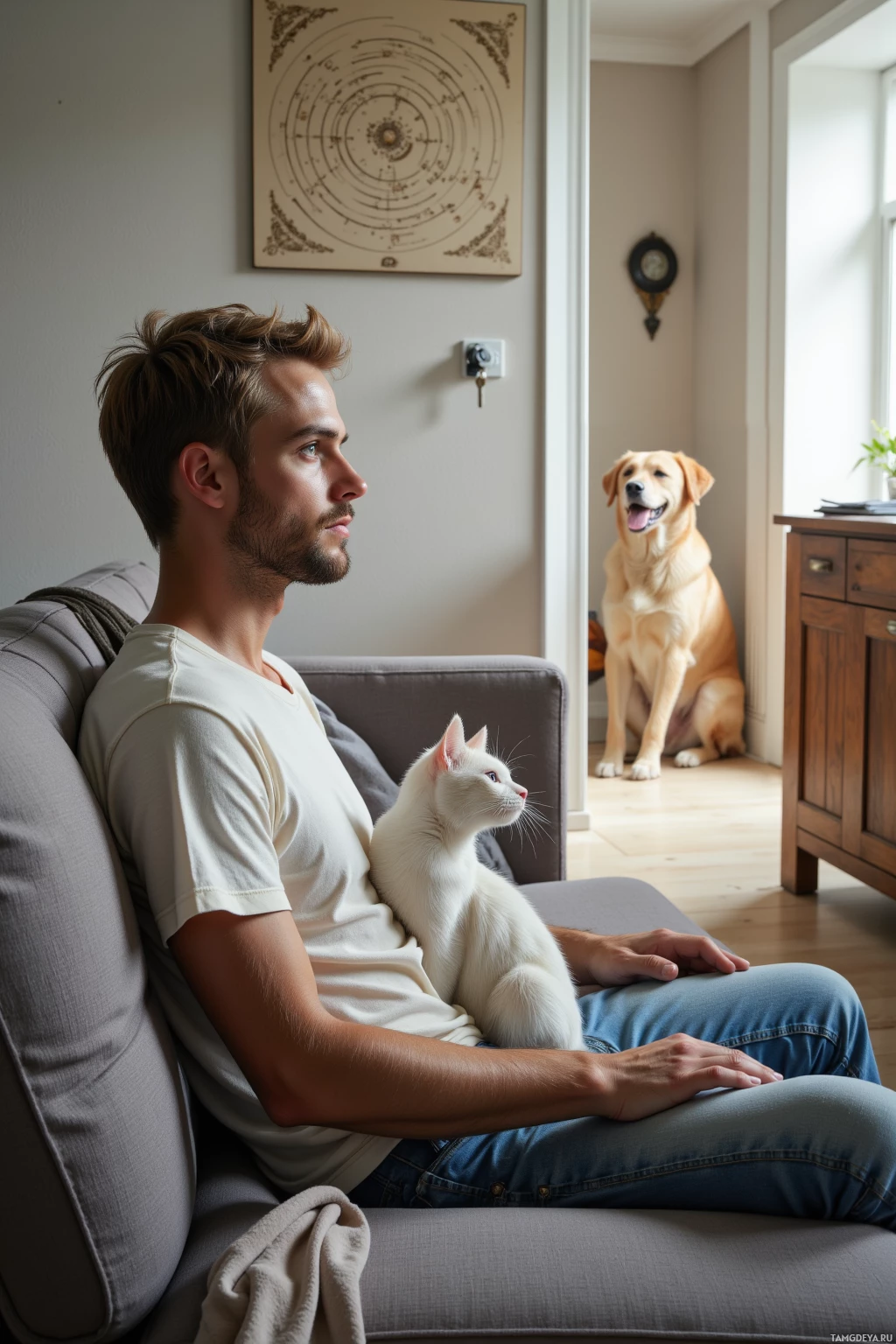 A man sits on a couch with a white cat on his lap, while a dog sits in the background.