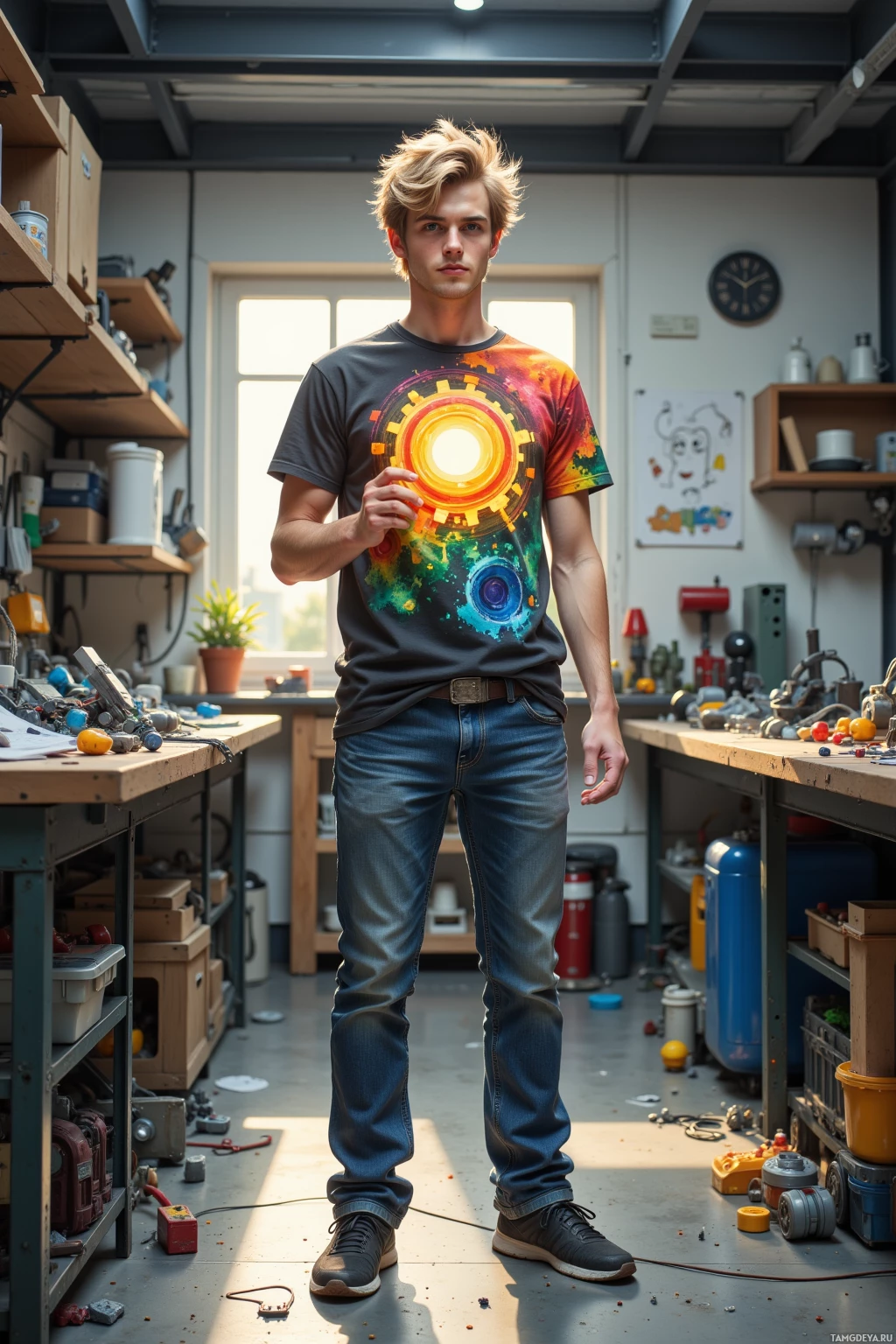 A person stands in a workshop wearing a colorful t-shirt and jeans.