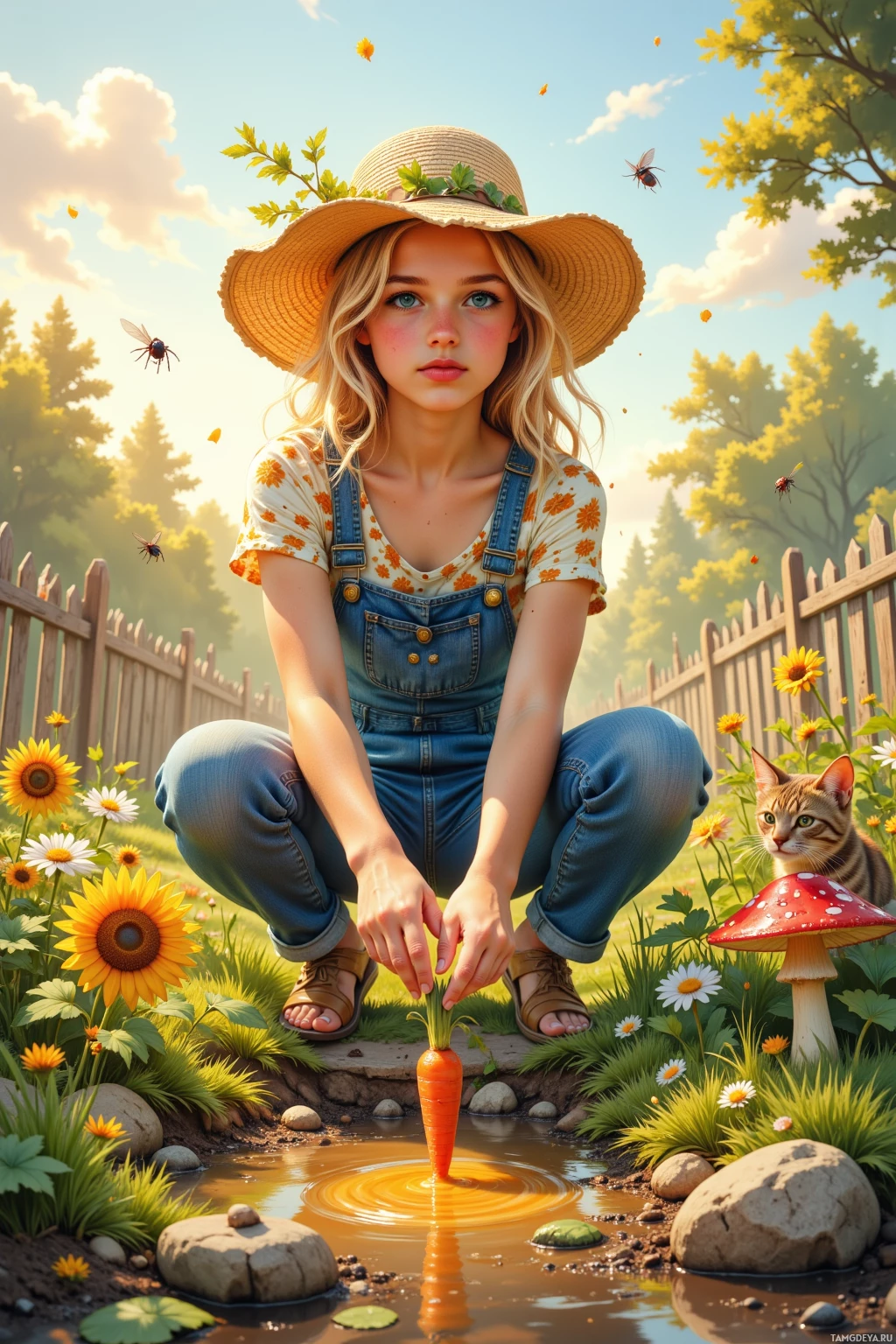 A girl in a straw hat and overalls crouches in a garden with a carrot floating in a puddle.
