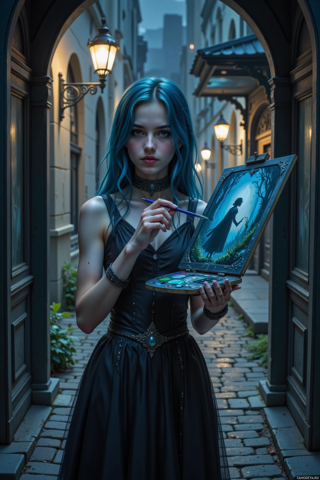 A woman in a dark dress holds a painting and a palette, standing in a dimly lit alleyway.