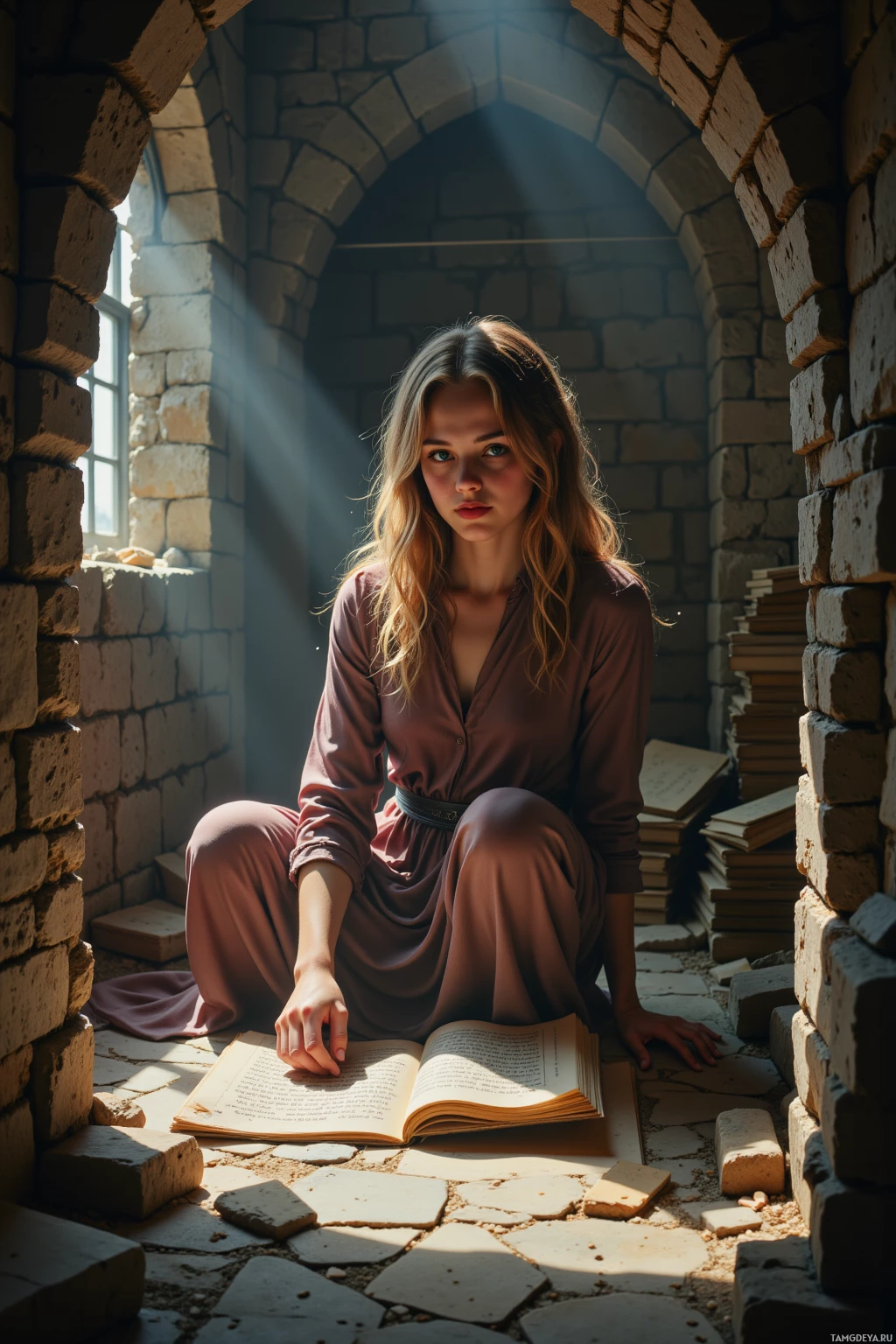A woman sits in a stone alcove, reading an open book.
