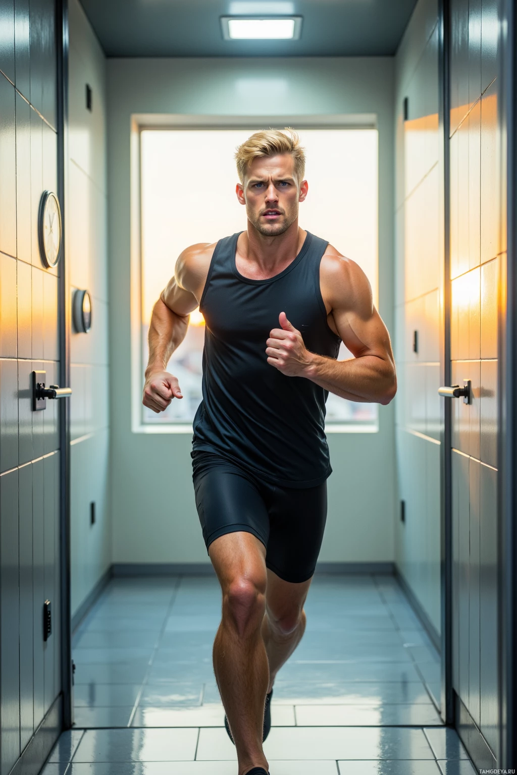 A muscular man in a black tank top and shorts runs through a hallway.
