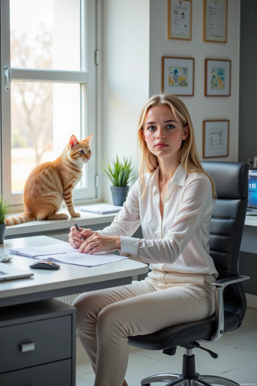 A woman sits at a desk in an office, writing, with a cat perched on the windowsill.