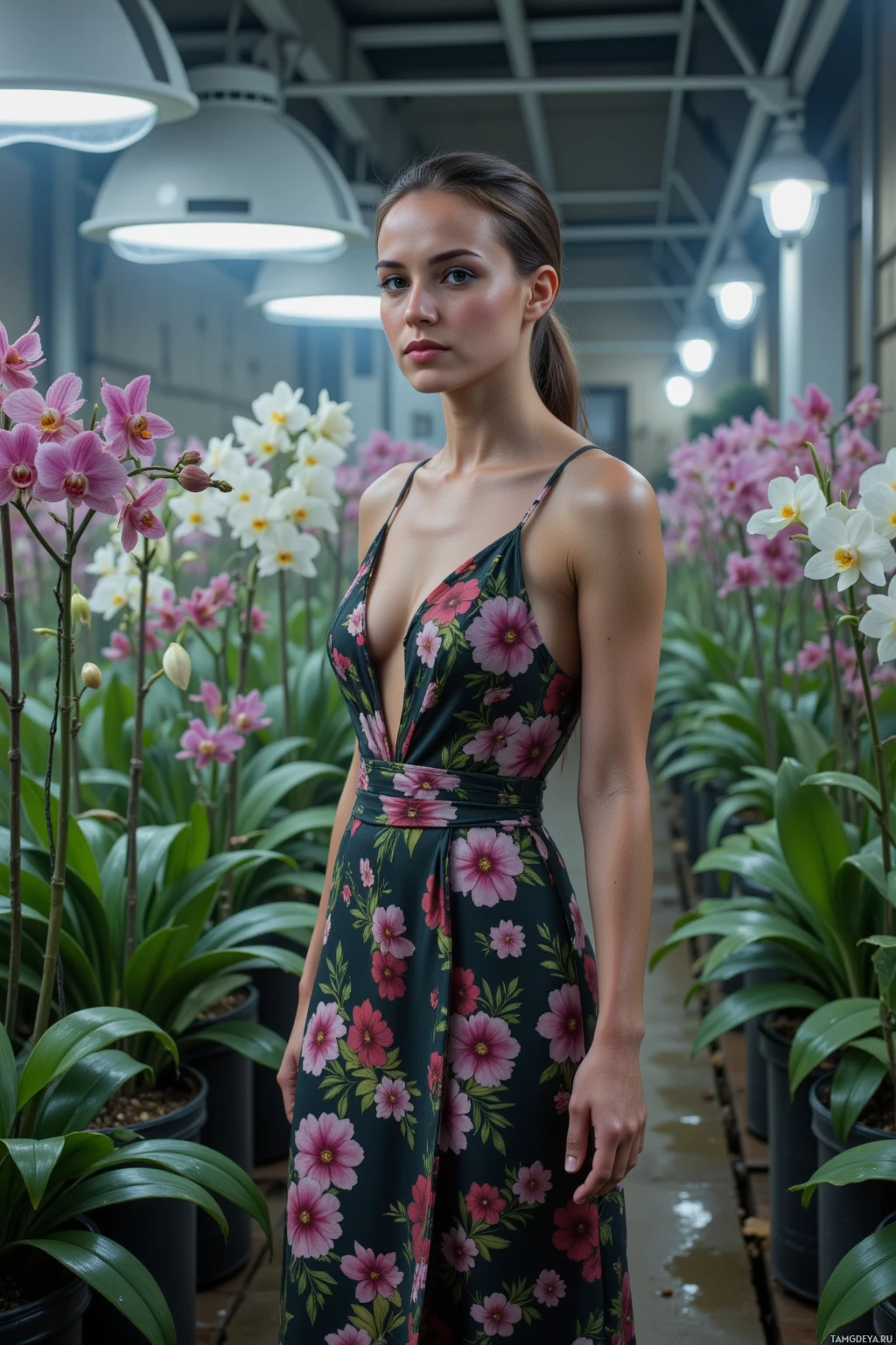 A woman in a floral dress stands in a greenhouse surrounded by orchids.