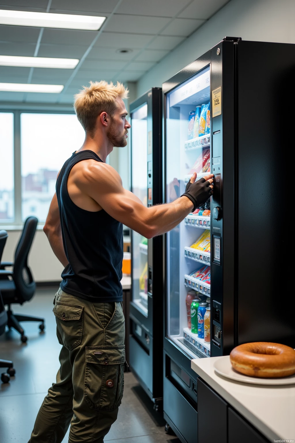 A muscular man in a sleeveless shirt and cargo pants stands in front of a vending machine, selecting a snack.