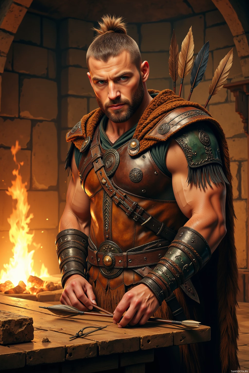 A muscular warrior in leather armor stands by a fire, holding arrows.
