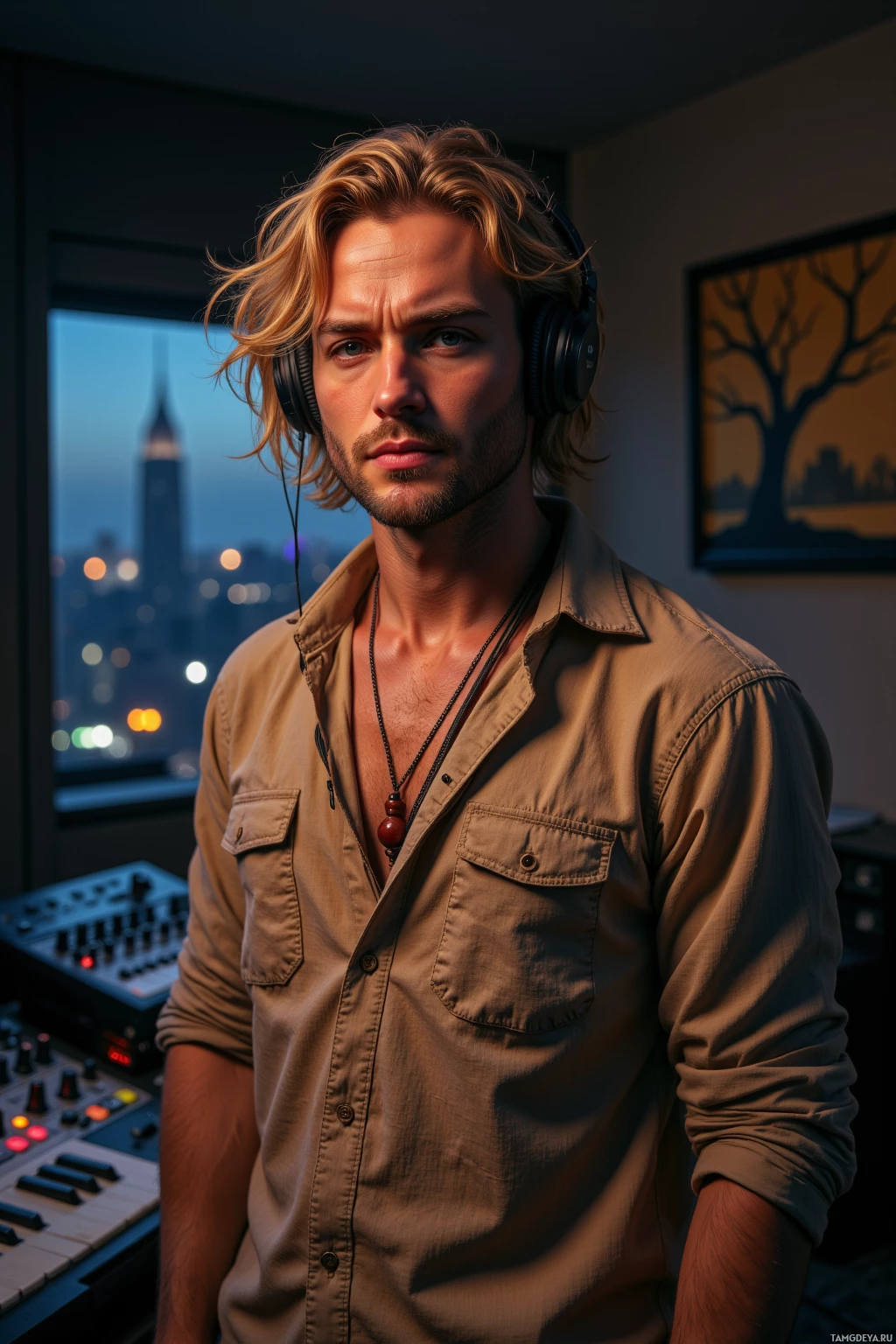 A man wearing headphones stands in a dimly lit room with a cityscape visible through the window.