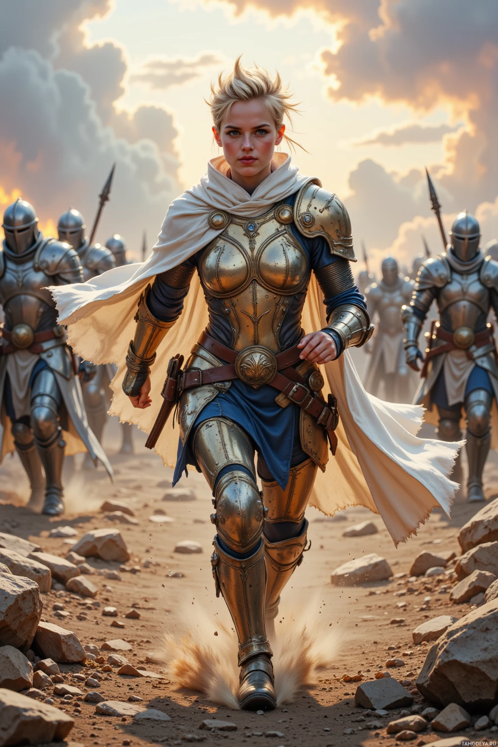 A female warrior in ornate armor leads a group of soldiers through a rocky landscape.