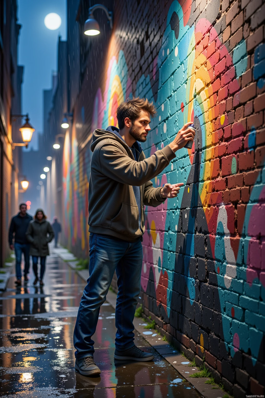 A man spray-paints a colorful mural on a brick wall in a rainy alleyway.