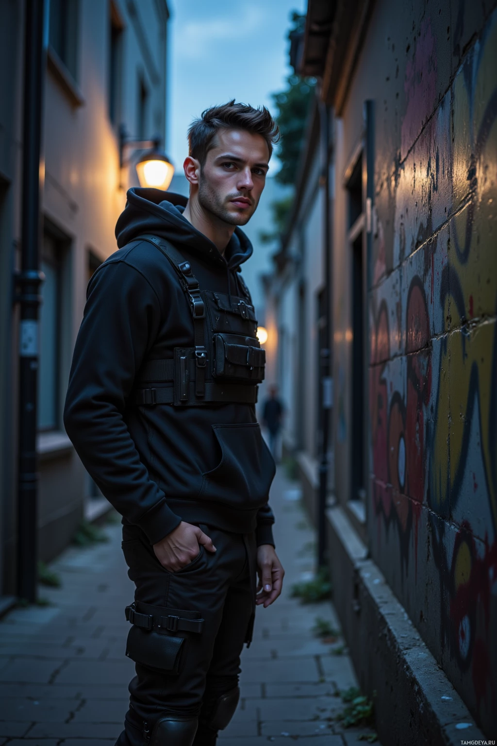 A man in a black hoodie and tactical vest stands in a narrow alleyway with graffiti on the wall.