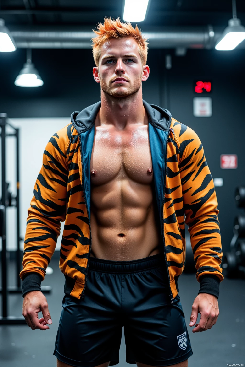 A muscular man wearing a tiger-striped hoodie and black shorts stands in a gym.