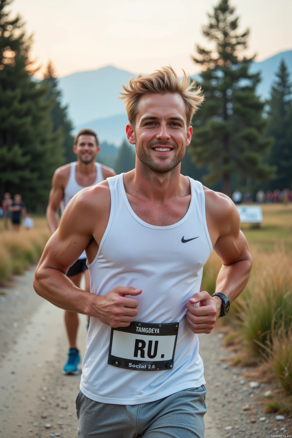 A man in a white tank top runs on a path with a scenic background.
