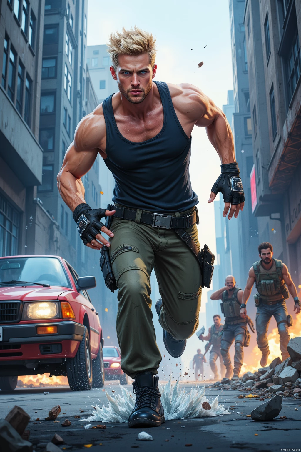A muscular man in tactical gear runs through a city street amidst debris and fire.