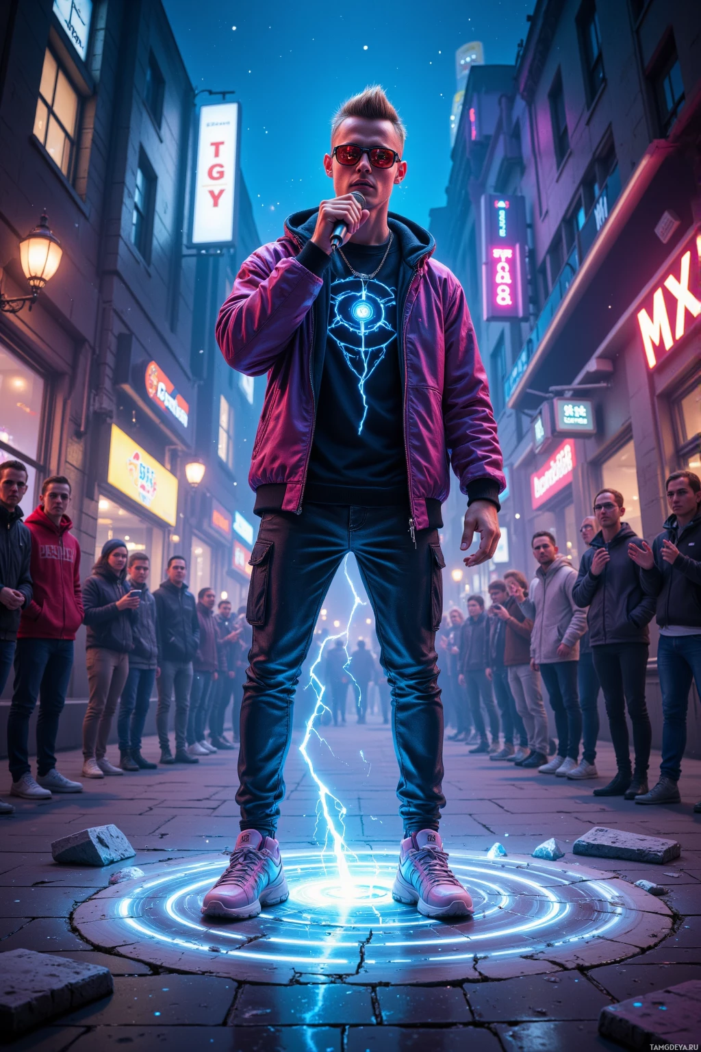 A person stands on a glowing platform in a city street, surrounded by a crowd, wearing a jacket and sunglasses.