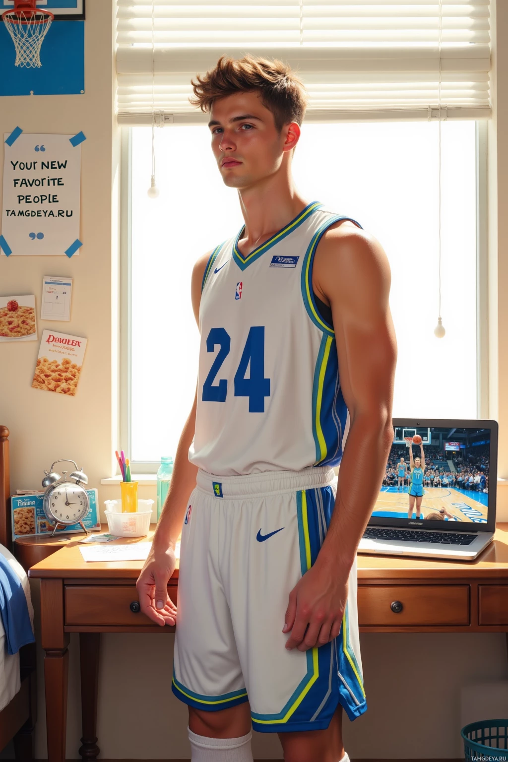 A young man in a basketball uniform stands in a room with a laptop displaying a basketball game.