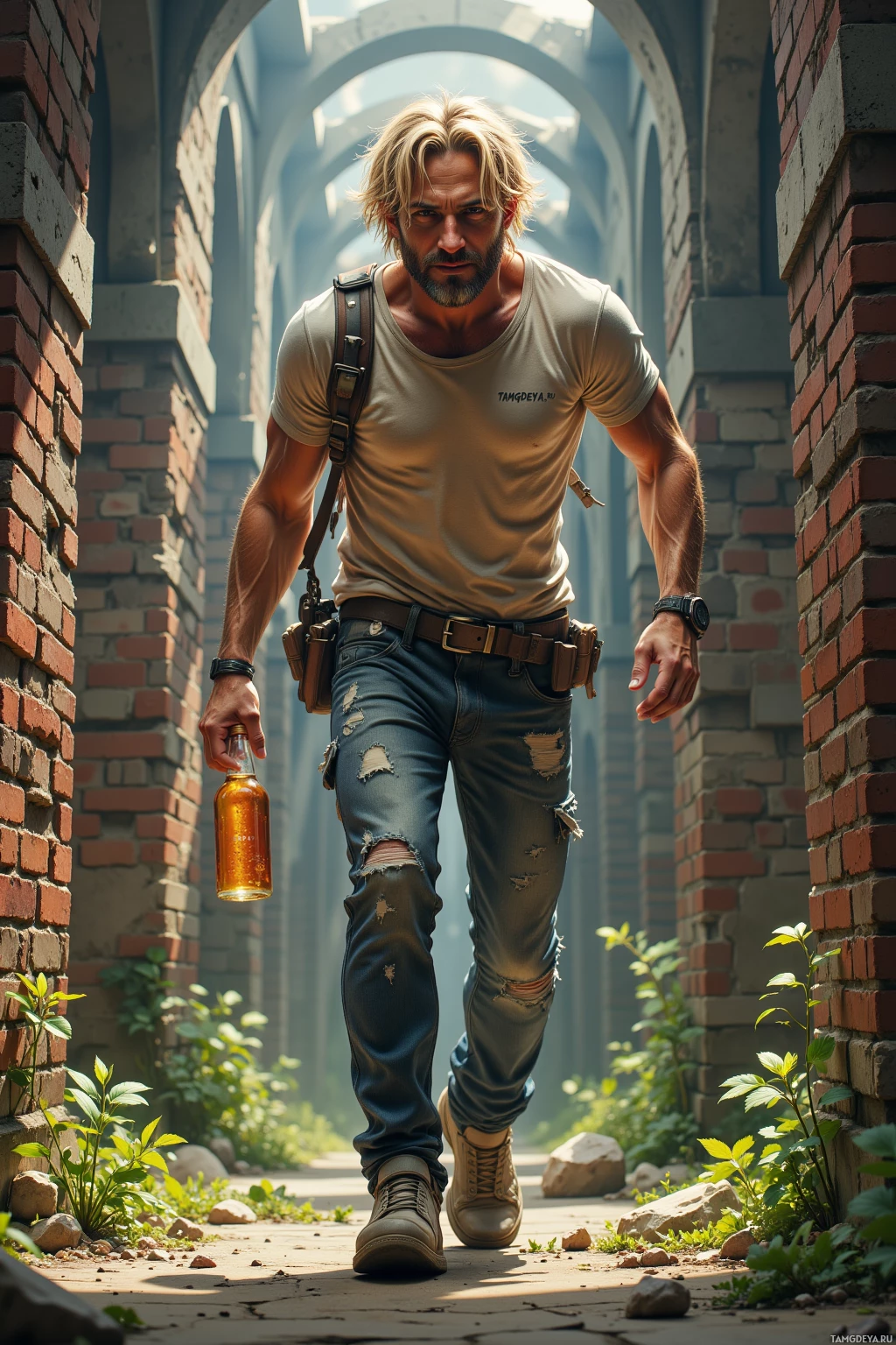 A man in a beige t-shirt and jeans walks through an archway, holding a bottle.