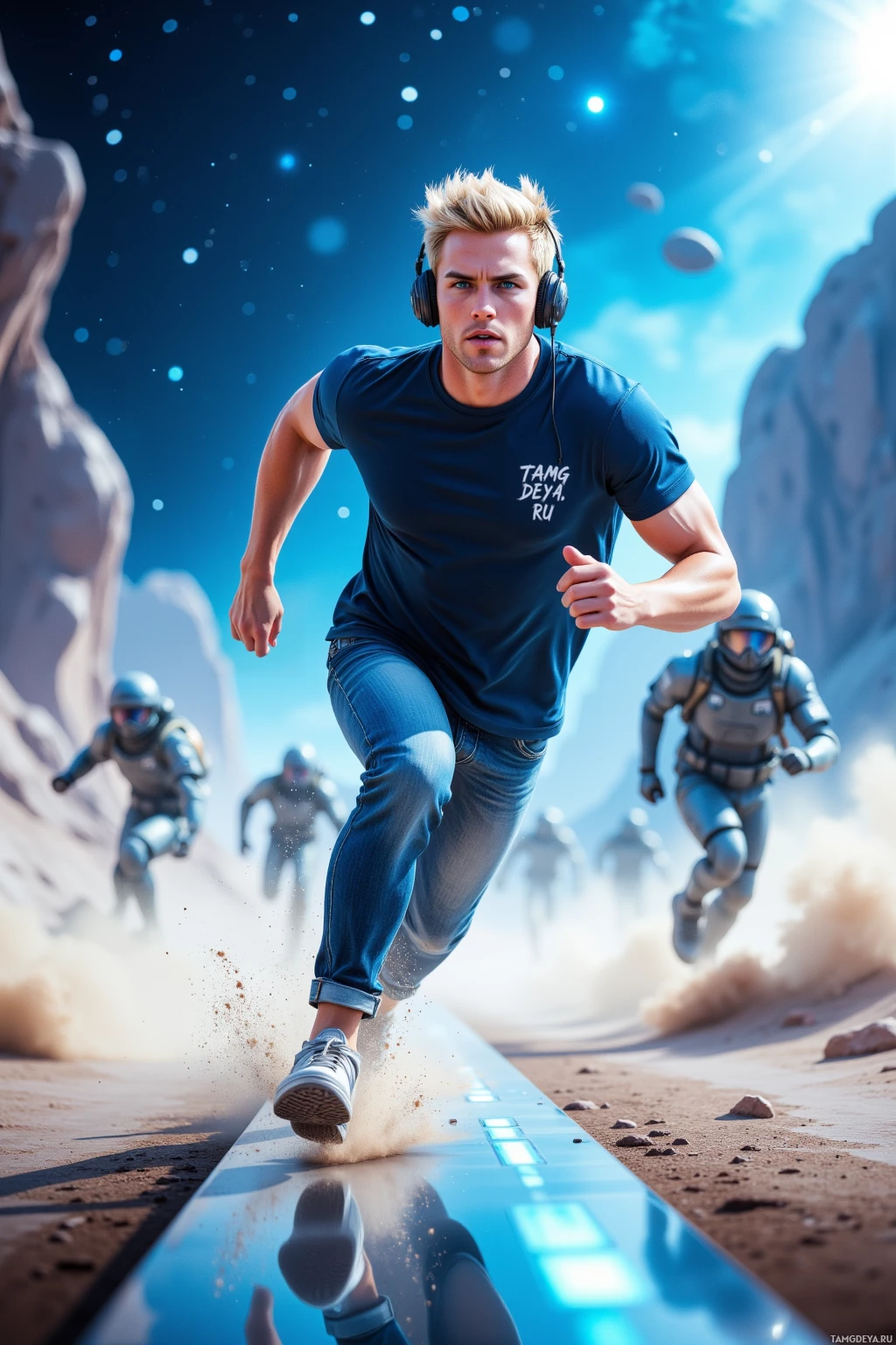 A man in a blue shirt and jeans runs on a reflective surface with a futuristic background.