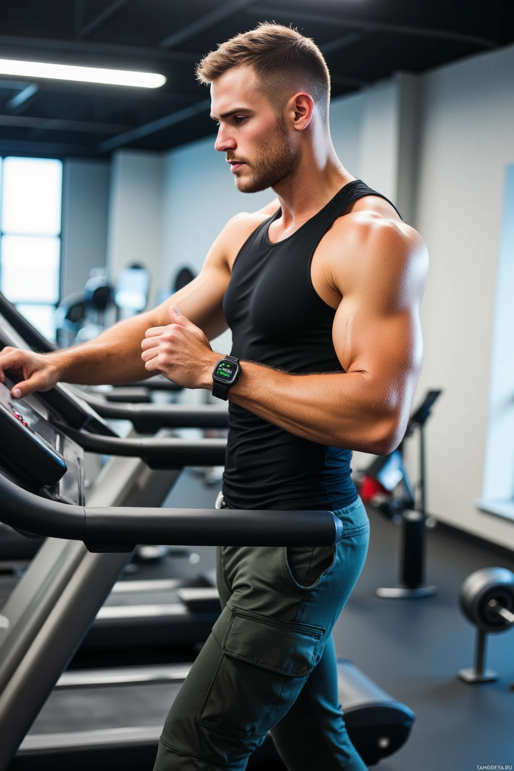 A man is running on a treadmill in a gym.