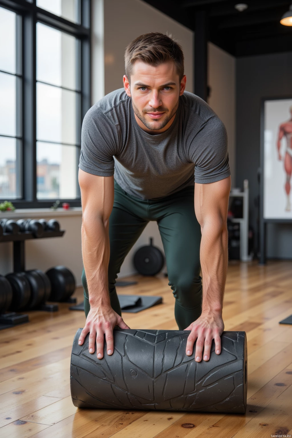 A man is using a foam roller in a gym setting.