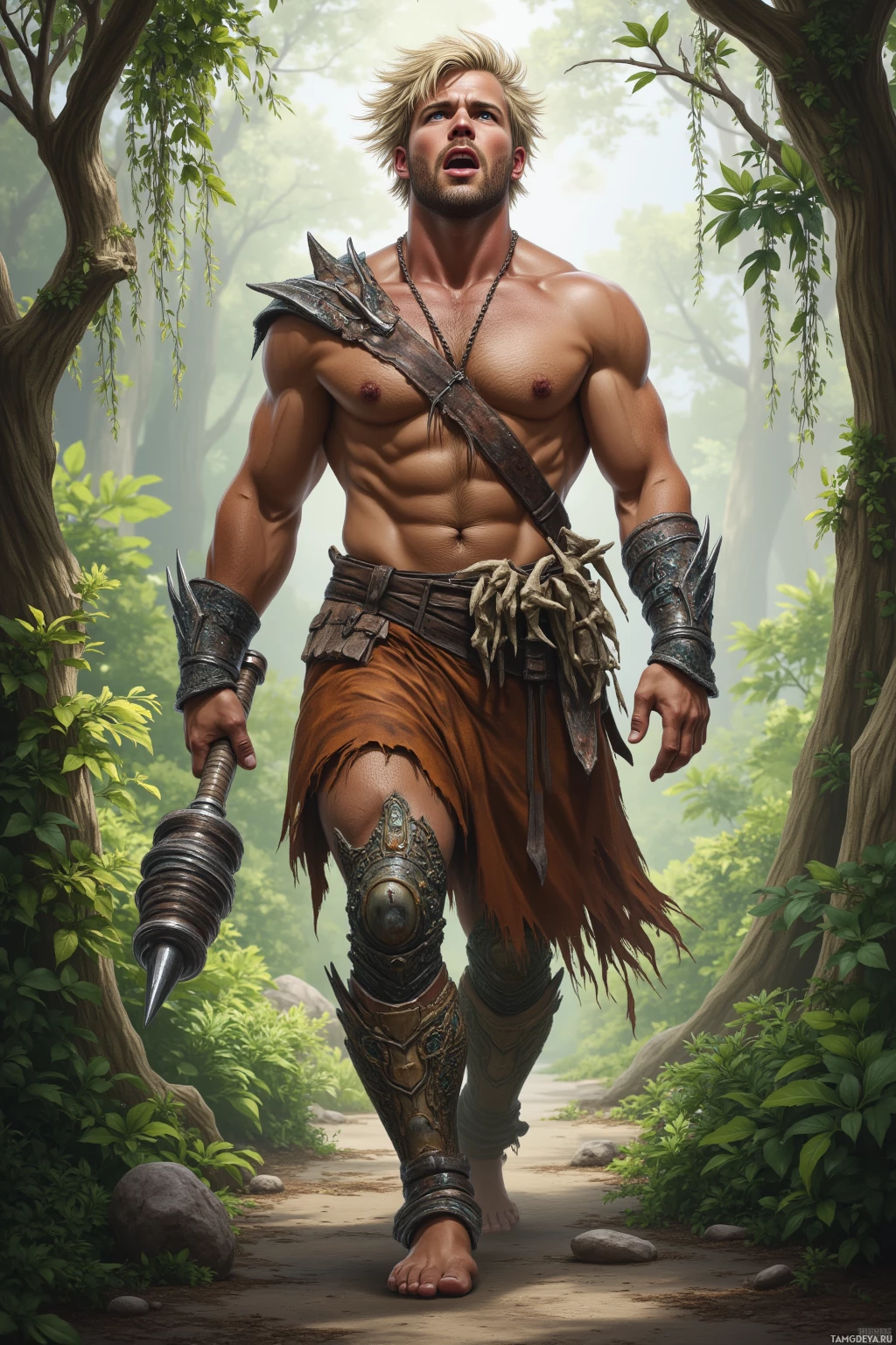 A muscular man with a spear and armor walks through a forest.