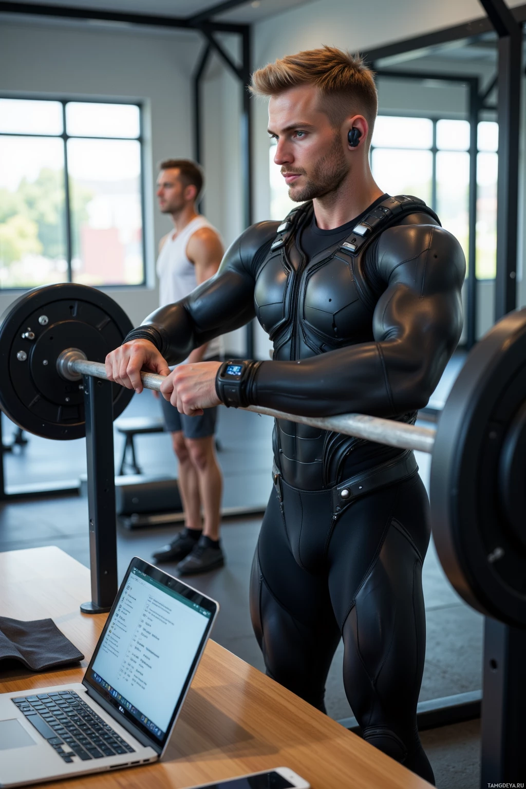 A man in a black, form-fitting suit lifts a barbell in a gym, with another person in the background.