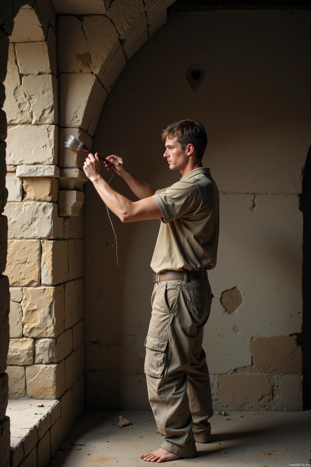 A person in a beige shirt and cargo pants is painting a stone wall with a brush.
