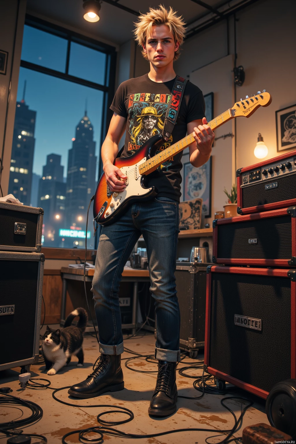 A person stands in a room holding a guitar, with a cat and musical equipment in the background.
