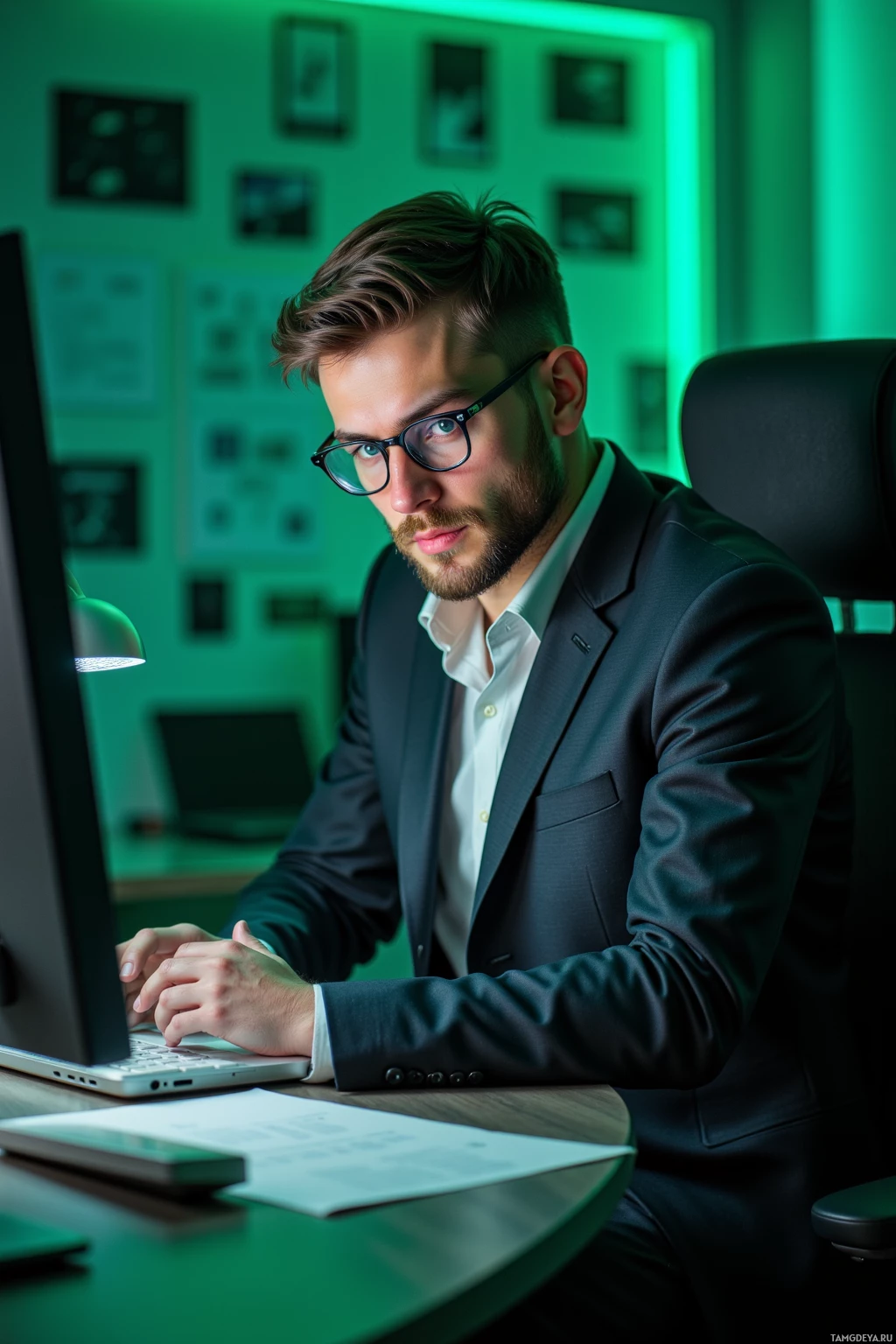A man in a suit sits at a desk, working on a laptop in a dimly lit room with green lighting.