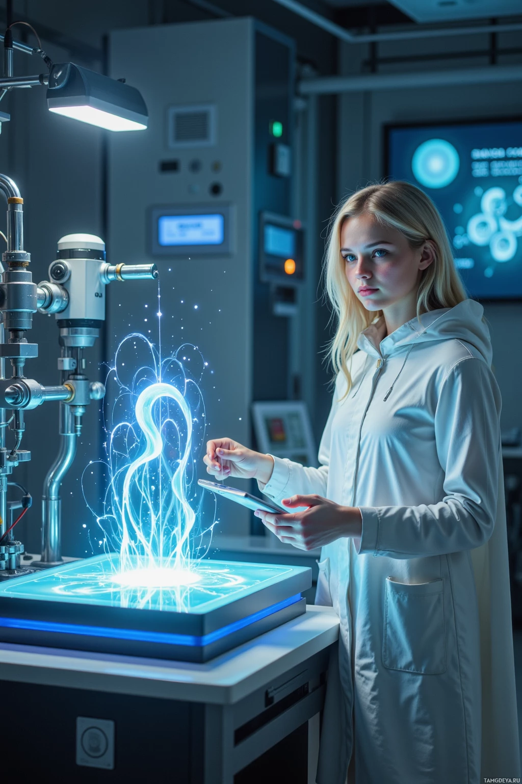 A scientist in a lab coat interacts with a glowing, futuristic interface.