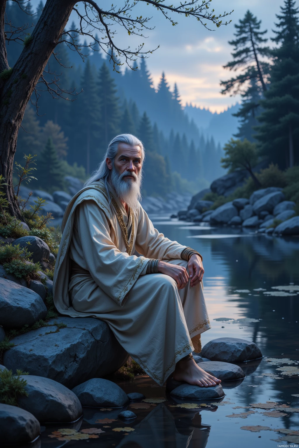 An elderly man with long white hair and beard sits contemplatively by a serene river, surrounded by lush greenery and misty mountains.