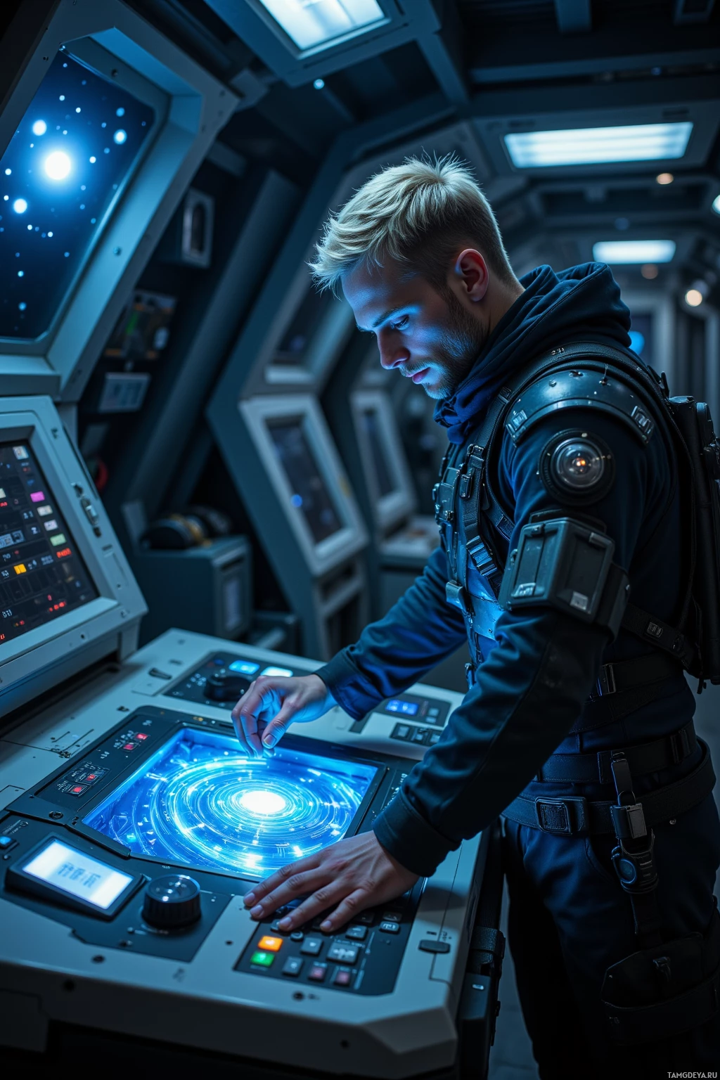 A person in a futuristic setting interacts with a high-tech control panel.