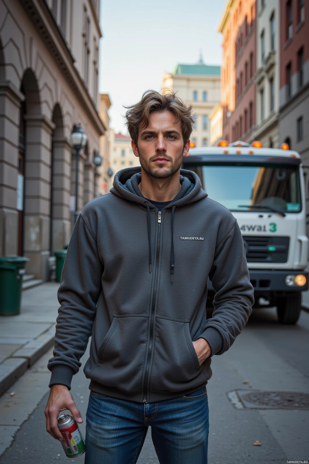 A person stands on a city street wearing a gray hoodie and jeans, holding a can.