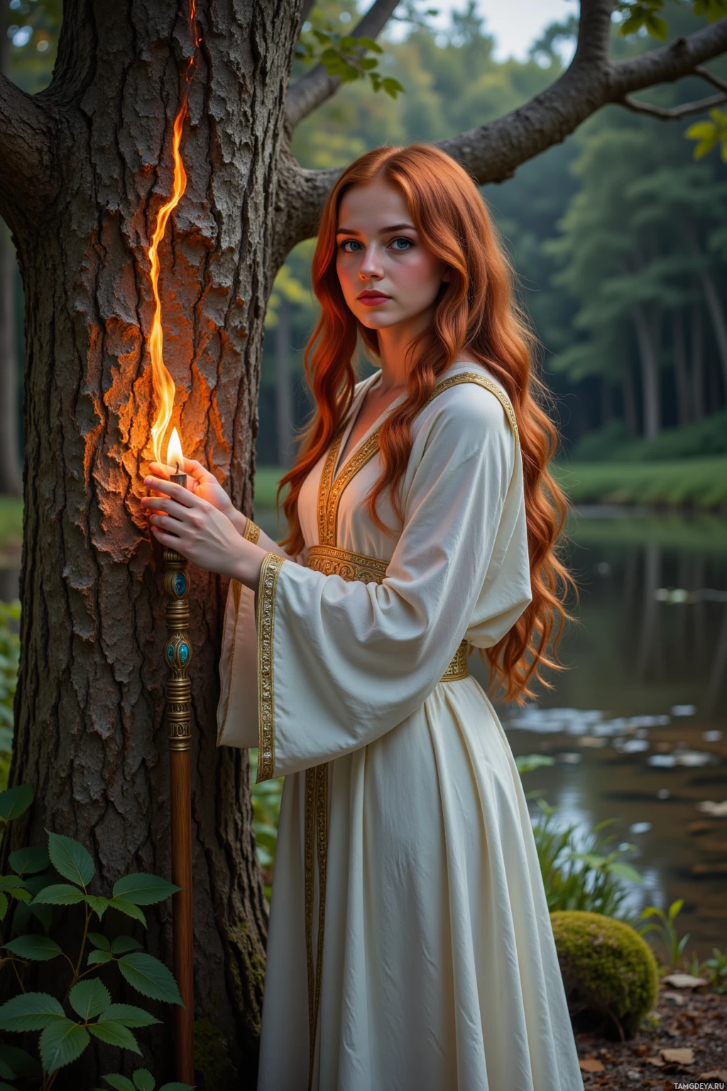 A woman in a white gown holds a lit candle against a tree in a serene forest setting.
